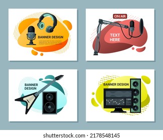 music banners. record studio music production audio items loudspeakers headset microphone monitor and rock electric guitar. Vector templates for print design projects
