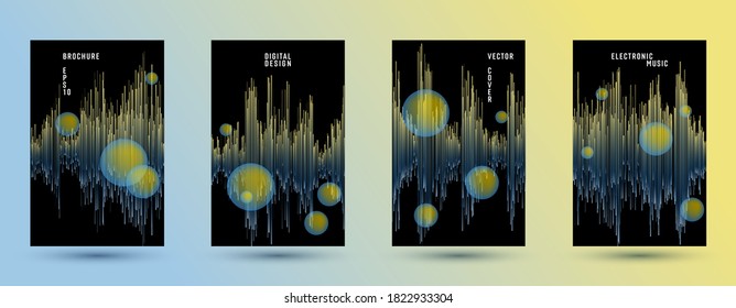 Musikbanner auf DJ-Equalizer-Hintergrund.  Abstrakte Schwingamplitude.  Verzerrte Schall-Equalizer-Broschüren. Signalform der Soundtrack.