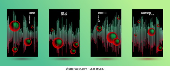 Music banners set with DJ equalizer background.  Abstract digital signal amplitude.  Distorted sound wave equalizer brochure templates. Audio track record waveform.