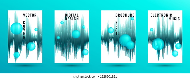 Banderas musicales con fondo ecualizador DJ.  Resumen de la amplitud de la grabación de audio.  Plantillas de portada de ecualizador de ondas de sonido distorsionadas. Forma de onda de las líneas verticales.