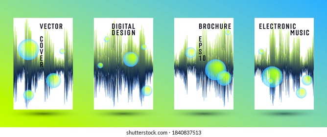 Music banners set with sound wave background.  Abstract audio record amplitude.  Distorted sound wave equalizer cover templates. Audio track record waveform.