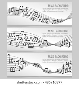 Music banners vector set with music notes and sound wave. Card with music note for melody illustration