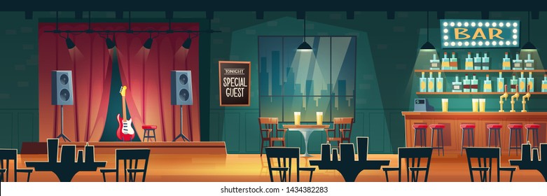 Music bar, beer pub with live performances cartoon vector interior. Bar counter desk, tables and chairs, guitar on stage illustration. Famous musician, special guest star evening concert in nightclub