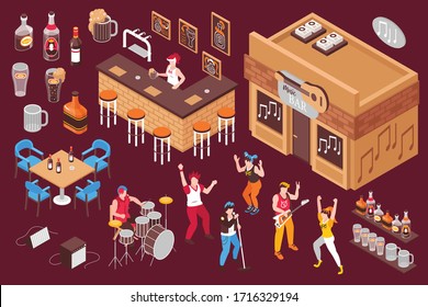 Music bar elements isometric set with bartender   pouring beer working musicians and dancing young people isolated vector illustration