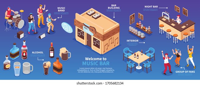 Music bar horizontal infographics layout with bar building elements of interior music band and group of fans isometric vector illustration