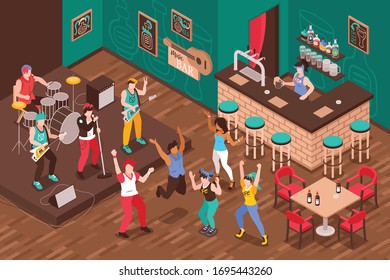 Music bar isometric interior with bartender at bar counter musicians and dancing visitors vector illustration