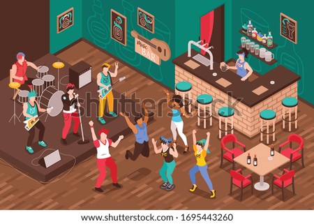 Music bar isometric interior with bartender at bar counter musicians and dancing visitors vector illustration