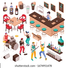 Music bar isometric set of furniture for cafe  drinks musicians band and dancing guests isolated vector illustration