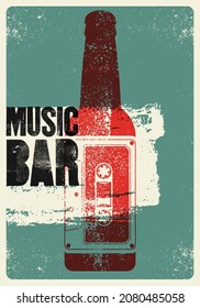 Music Bar typographic grunge style poster design with beer bottle and audio cassette. Retro vector illustration.