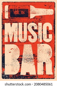 Music Bar typographic grunge style poster design with beer bottle and audio cassette. Retro vector illustration.