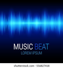 Music beat. Blue lights background. Sound Wave. Abstract audio equalizer technology. Detailed bokeh effects. Isolated on a black background. Free space for text. Vector illustration.