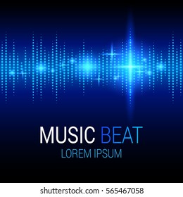 Music beat. Blue lights background. Sound Wave. Abstract audio equalizer technology. Detailed bokeh effects. Isolated on a black background. Free space for text. Vector illustration.