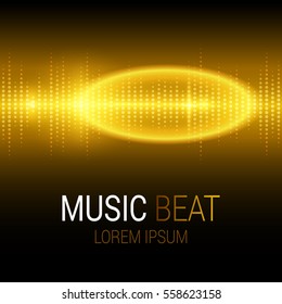 Music beat. Golden lights background. Sound Wave. Abstract audio equalizer technology. Detailed bokeh effects. Isolated on a black background. Free space for text. Vector illustration.