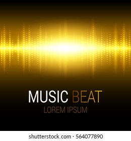 Music beat. Golden lights background. Sound Wave. Abstract audio equalizer technology. Detailed bokeh effects. Isolated on a black background. Free space for text. Vector illustration.