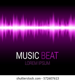 Music beat. Pink lights background. Sound Wave. Abstract audio equalizer technology. Detailed bokeh effects. Isolated on a black background. Free space for text. Vector illustration.
