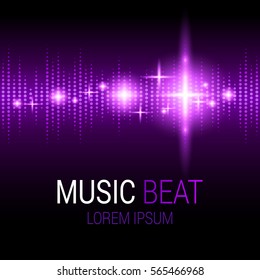 Music beat. Purple lights background. Sound Wave. Abstract audio equalizer technology. Detailed bokeh effects. Isolated on a black background. Free space for text. Vector illustration.