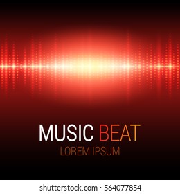 Music Beat. Red Lights Background. Sound Wave. Abstract Audio Equalizer Technology. Detailed Bokeh Effects. Isolated On A Black Background. Free Space For Text. Vector Illustration.