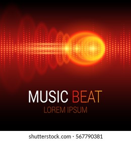 Music beat. Red lights background. Sound Wave. Abstract audio equalizer technology. Detailed bokeh effects. Isolated on a black background. Free space for text. Vector illustration.