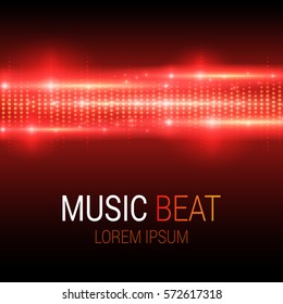 Music beat. Red lights background. Sound Wave. Abstract audio equalizer technology. Detailed bokeh effects. Isolated on a black background. Free space for text. Vector illustration.