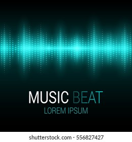 Music Beat. Turquoise Lights Background. Sound Wave. Abstract Audio Equalizer Technology. Detailed Bokeh Effects. Isolated On A Black Background. Free Space For Text. Vector Illustration.