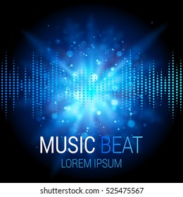 Music beat vector. Blue lights background. Abstract equalizer. Sound Wave. Audio equalizer technology. Detailed vector bokeh. Space For Text.
