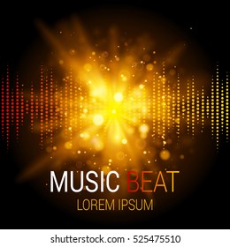 Music Beat Vector. Golden Lights Background. Abstract Equalizer. Sound Wave. Audio Equalizer Technology. Abstract Explosion. Detailed Vector Bokeh. Space For Text.