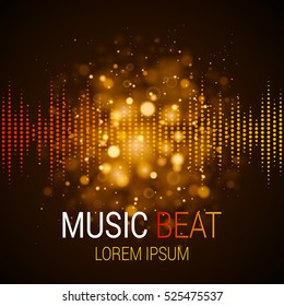 Music Beat Vector. Golden Lights Background. Abstract Equalizer. Sound Wave. Audio Equalizer Technology. Detailed Vector Bokeh. Space For Text.