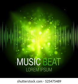 Music beat vector. Green lights background. Abstract equalizer. Sound Wave. Audio equalizer technology. Detailed vector bokeh. Space For Text.