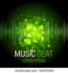 Music beat vector. Green lights background. Abstract equalizer. Sound Wave. Audio equalizer technology. Detailed vector bokeh. Space For Text.