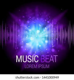 Music Beat Vector. Purple And Blue Lights Background. Abstract Equalizer. Sound Wave. Audio Equalizer Technology. Abstract Explosion. Detailed Vector Bokeh. Space For Text.