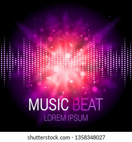 Music beat vector. Purple lights background. Abstract equalizer. Sound Wave. Audio equalizer technology. Abstract explosion. Detailed vector bokeh. Space For Text.