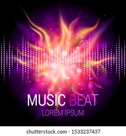 Music beat vector. Purple lights background. Abstract equalizer. Sound Wave. Audio equalizer technology. Abstract explosion. Blazing fire. Detailed vector bokeh. Space For Text.