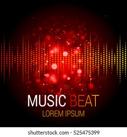 Music beat vector. Red lights background. Abstract equalizer. Sound Wave. Audio equalizer technology. Detailed vector bokeh. Space For Text.