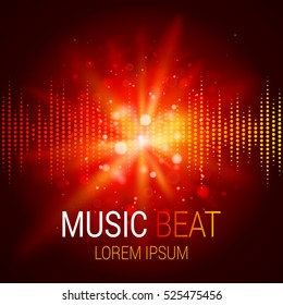 Music Beat Vector. Red Lights Background. Abstract Equalizer. Sound Wave. Audio Equalizer Technology. Detailed Vector Bokeh. Space For Text.