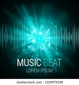 Music beat vector. Turquoise lights background. Abstract equalizer. Sound Wave. Audio equalizer technology. Abstract explosion. Detailed vector bokeh. Space For Text.