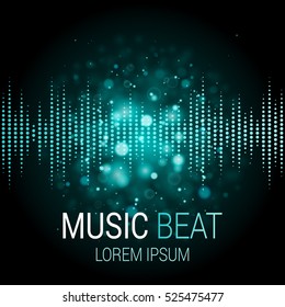 Music Beat Vector. Turquoise Lights Background. Abstract Equalizer. Sound Wave. Audio Equalizer Technology. Detailed Vector Bokeh. Space For Text.