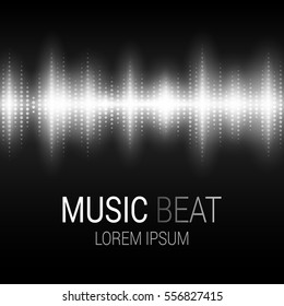 Music beat. White lights background. Sound Wave. Abstract audio equalizer technology. Detailed bokeh effects. Isolated on a black background. Free space for text. Vector illustration.