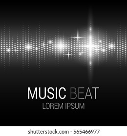 Music beat. White lights background. Sound Wave. Abstract audio equalizer technology. Detailed bokeh effects. Isolated on a black background. Free space for text. Vector illustration.