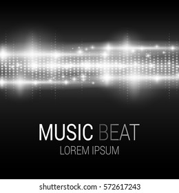 Music beat. White lights background. Sound Wave. Abstract audio equalizer technology. Detailed bokeh effects. Isolated on a black background. Free space for text. Vector illustration.