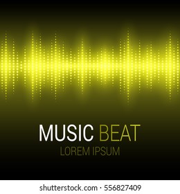 Music beat. Yellow lights background. Sound Wave. Abstract audio equalizer technology. Detailed bokeh effects. Isolated on a black background. Free space for text. Vector illustration.