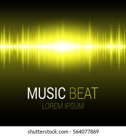 Music beat. Yellow lights background. Sound Wave. Abstract audio equalizer technology. Detailed bokeh effects. Isolated on a black background. Free space for text. Vector illustration.