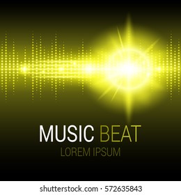 Music beat. Yellow lights background. Sound Wave. Abstract audio equalizer technology. Detailed bokeh effects. Isolated on a black background. Free space for text. Vector illustration.