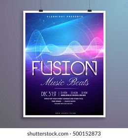 music beats party flyer template with sound waves and colorful lights