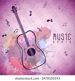 Music Beats Poster Design with Guitar and Notes on Abstract Watercolor Effect Background.