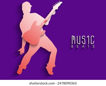 Music Beats Poster Design with Paper Style Guitarist Performing on Purple Background.