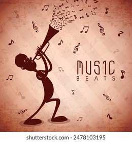 Music Beats Poster Design with Silhouette Man Playing Trumpet on Music Notes Background.