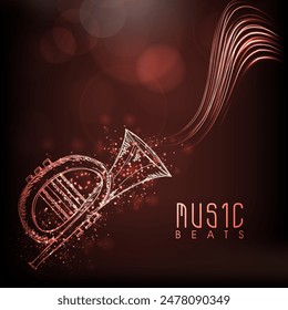 Music Beats Poster Design with Tuba Trumpet Instrument in Light Effect on Brown Abstract Background.