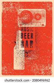 Music Beer Bar splash stencil style typographic grunge poster design with beer bottle and audio cassette. Vector illustration.