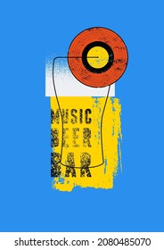 Music Beer Bar typographical vintage grunge style poster design with glass silhouette and vinyl disc. Vector illustration.
