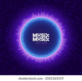 Music BG. Bright Glowing Radial Digital Equalizer Background. Visualization of Voice or Music. Circular Audio Waveform with Flowing Dots. Neon Colors Hi-Tech Music Background. Vector Illustration.